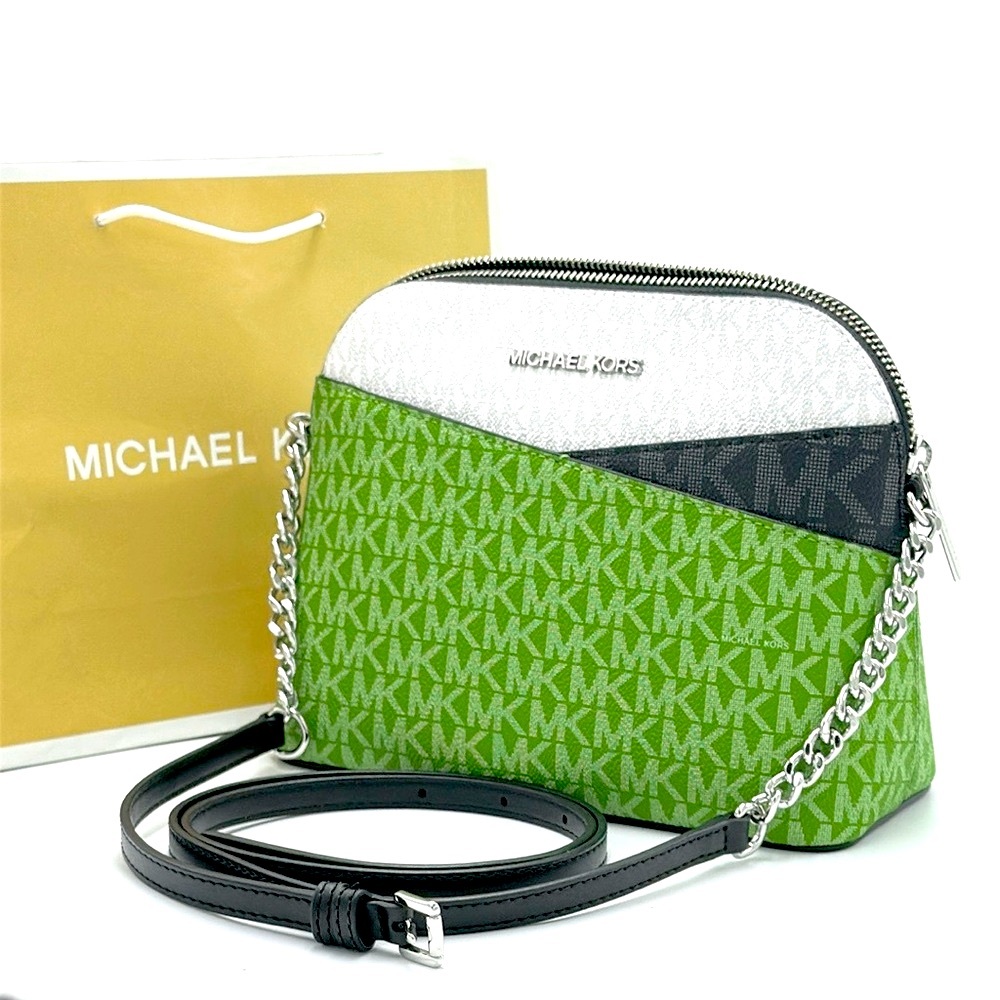 Michael Kors Green and White Crossbody Bag with Silver Chain
